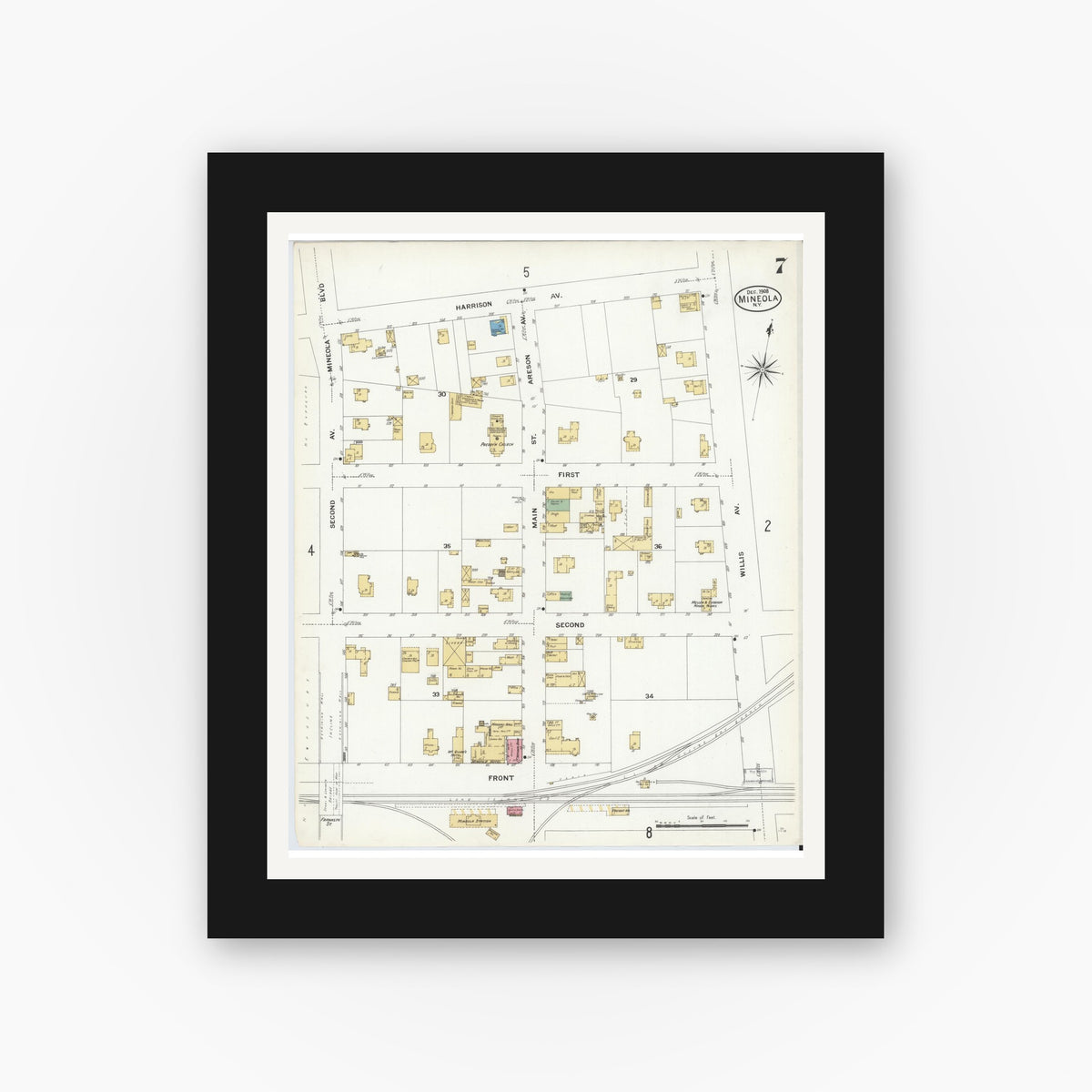 Old map wall art mockup — black gallery frame with white mat — Sanborn Fire Insurance Map from Mineola, Nassau County, New York (1908), Sheet #0007