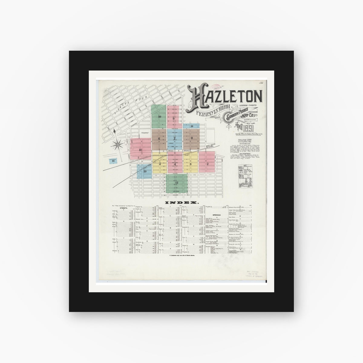 Old map wall art mockup — black gallery frame with white mat — Sanborn Fire Insurance Map from Hazleton, Luzerne County, Pennsylvania (1891), Sheet #0001