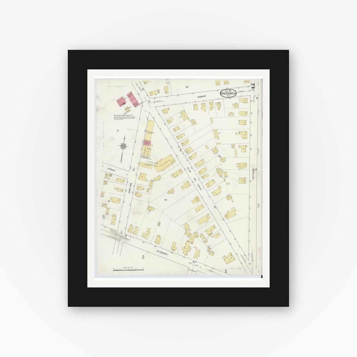 Old map wall art mockup — black gallery frame with white mat — Sanborn Fire Insurance Map from Greenwich, Washington County, New York (1913) - Complete Map Set