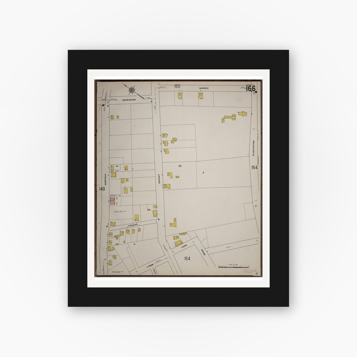 Old map wall art mockup — black gallery frame with white mat — Sanborn Fire Insurance Map from Worcester, Worcester County, Massachusetts (1910), Sheet #0166