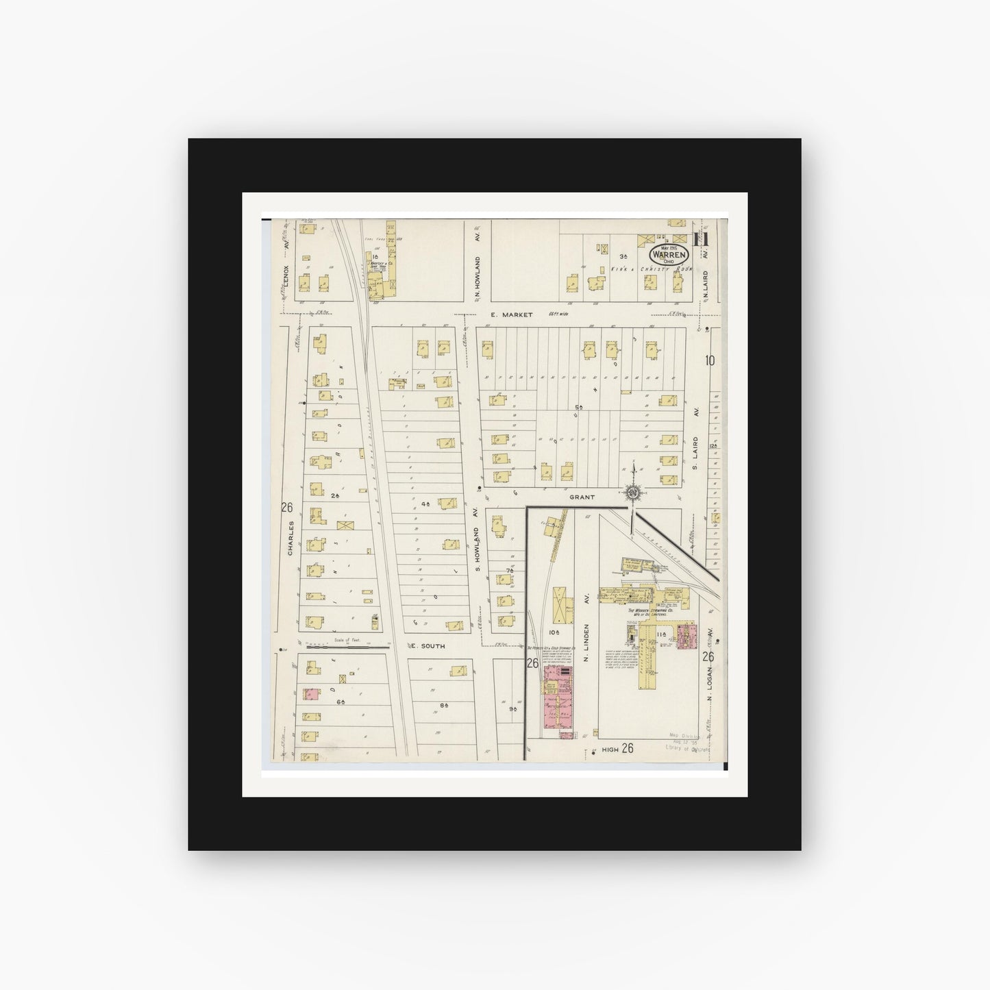 Old map wall art mockup — black gallery frame with white mat — Sanborn Fire Insurance Map from Warren, Trumbull County, Ohio (1915), Sheet #0011