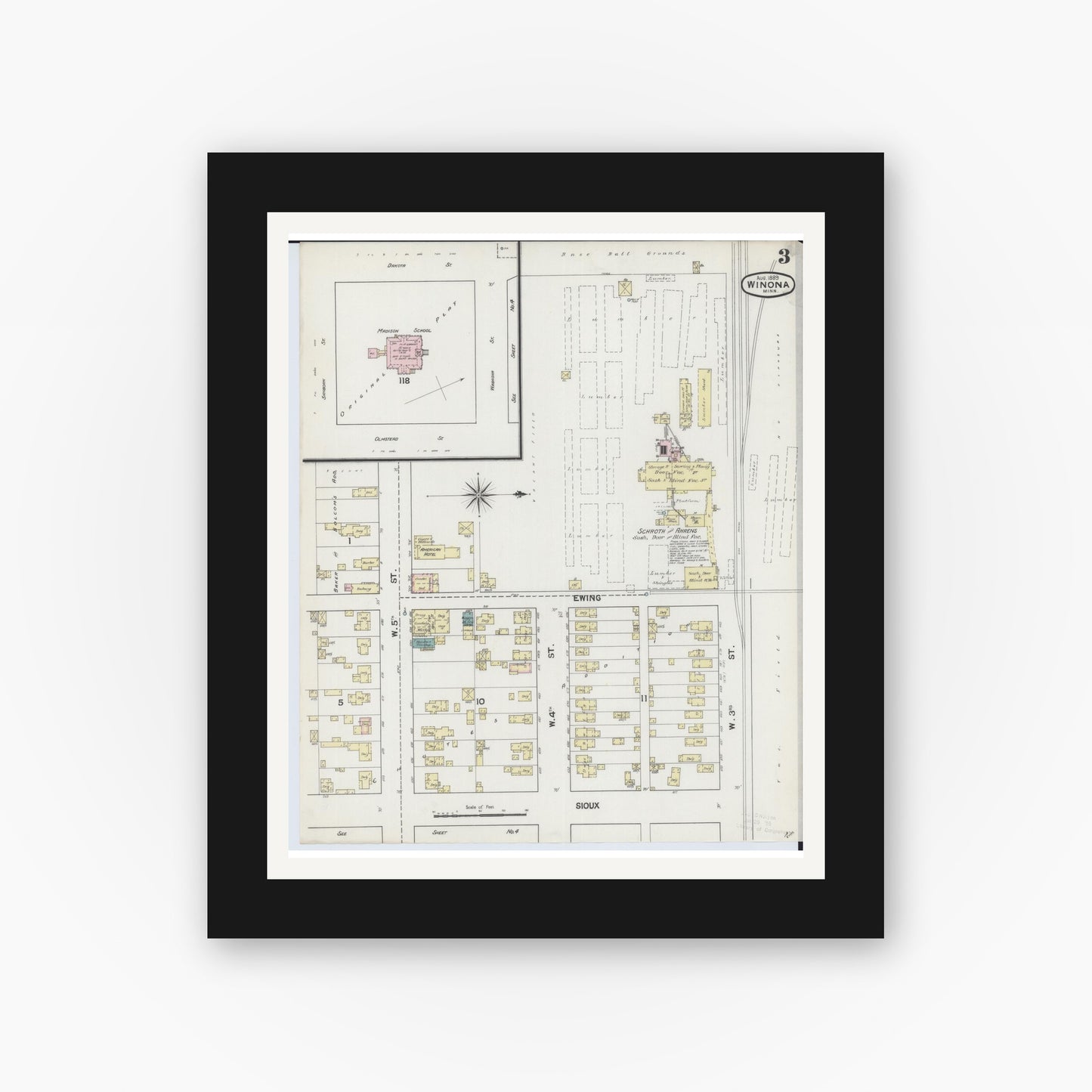 Old map wall art mockup — black gallery frame with white mat — Sanborn Fire Insurance Map from Winona, Winona County, Minnesota (1889), Sheet #0003