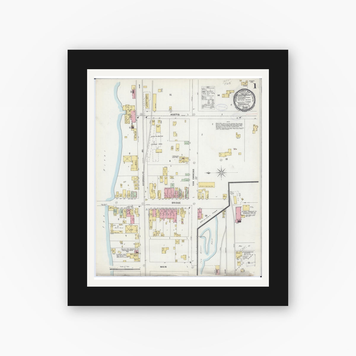 Old map wall art mockup β black gallery frame with white mat β Sanborn Fire Insurance Map from Yorkville, Kendall County, Illinois (1898), Sheet #0001