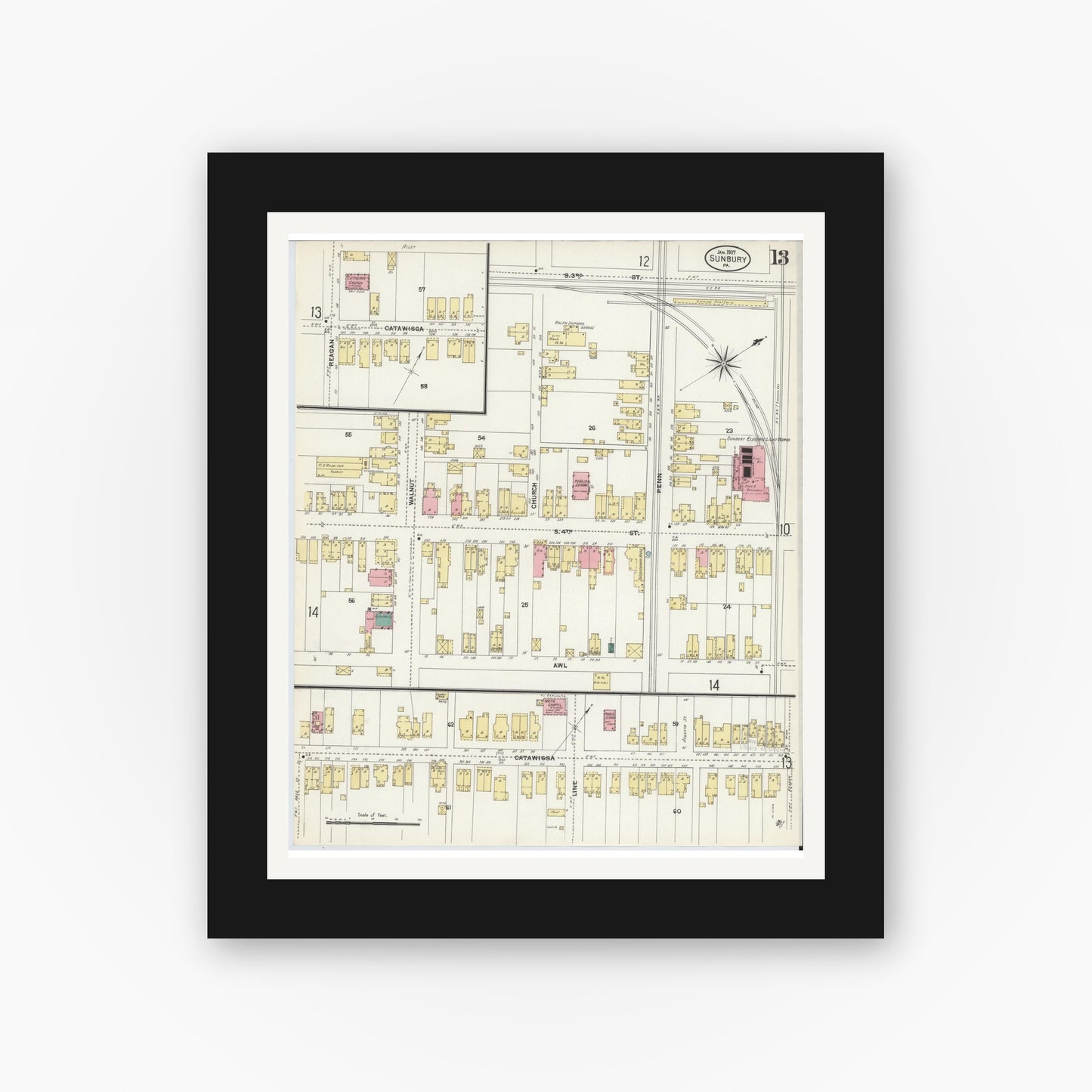 Old map wall art mockup — black gallery frame with white mat — Sanborn Fire Insurance Map from Sunbury, Northumberland County, Pennsylvania (1907), Sheet #0013