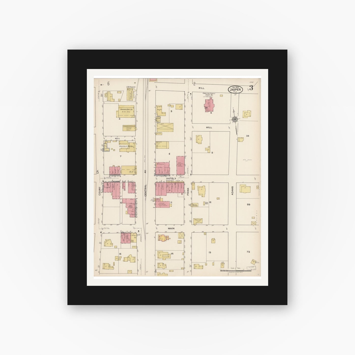 Old map wall art mockup — black gallery frame with white mat — Sanborn Fire Insurance Map from Jasper, Hamilton County, Florida (1922), Sheet #0003