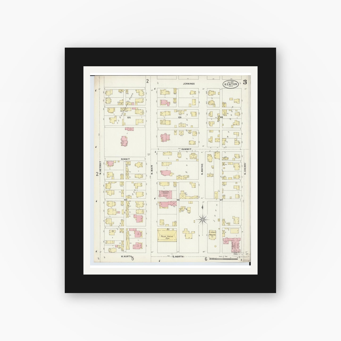 Old map wall art mockup — black gallery frame with white mat — Sanborn Fire Insurance Map from Kenton, Hardin County, Ohio (1897), Sheet #0003