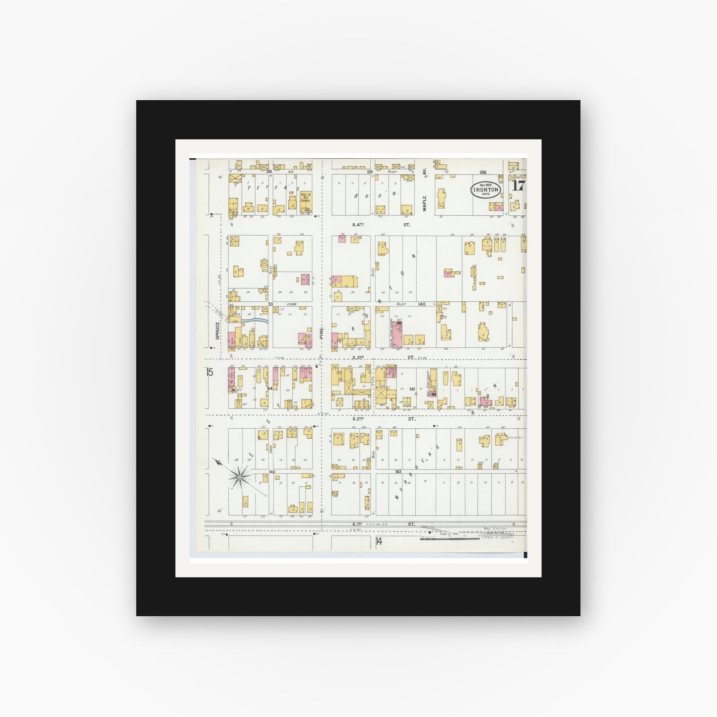 Old map wall art mockup — black gallery frame with white mat — Sanborn Fire Insurance Map from Ironton, Lawrence County, Ohio (1900), Sheet #0017
