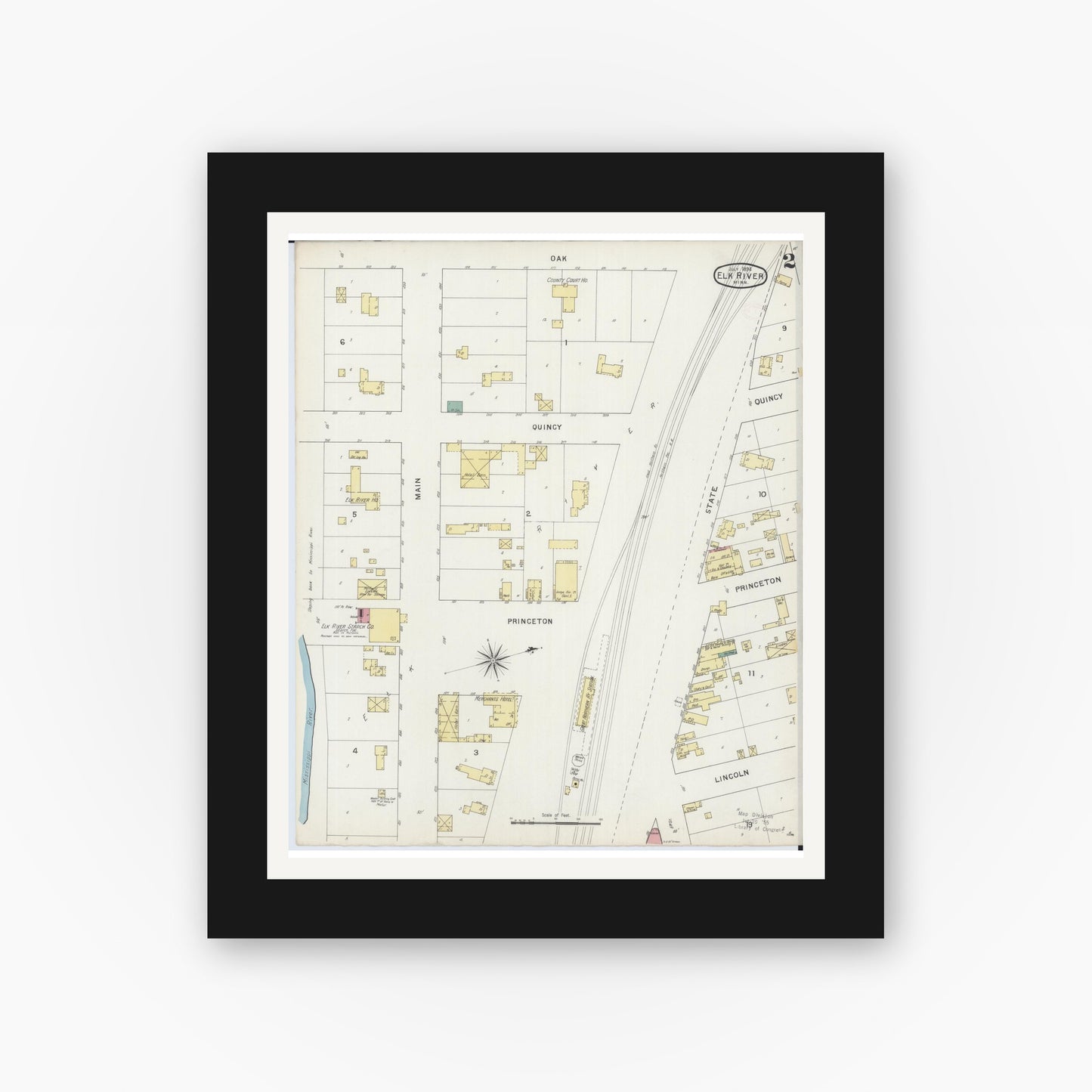 Old map wall art mockup — black gallery frame with white mat — Sanborn Fire Insurance Map from Elk River, Sherburne County, Minnesota (1894), Sheet #0002