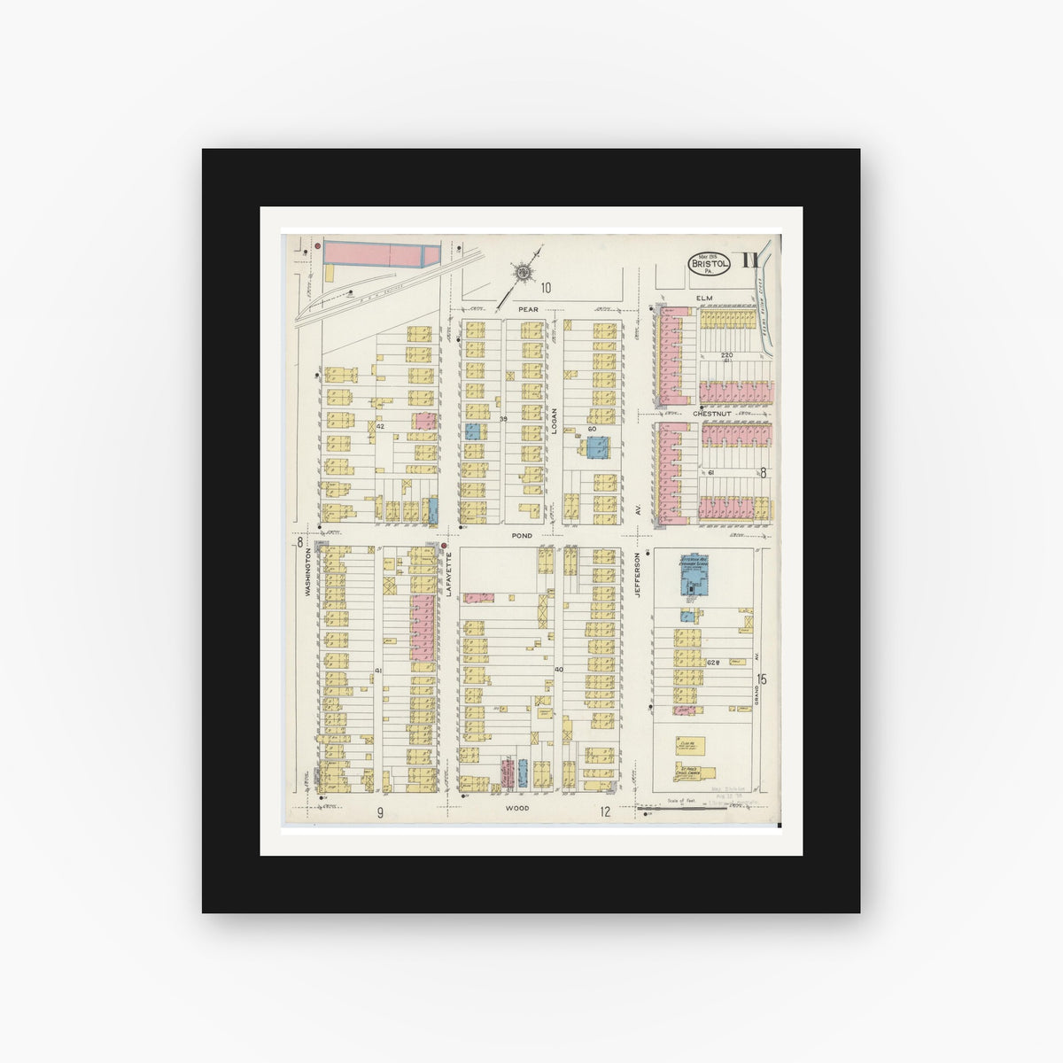 Old map wall art mockup — black gallery frame with white mat — Sanborn Fire Insurance Map from Bristol, Bucks County, Pennsylvania (1915), Sheet #0011