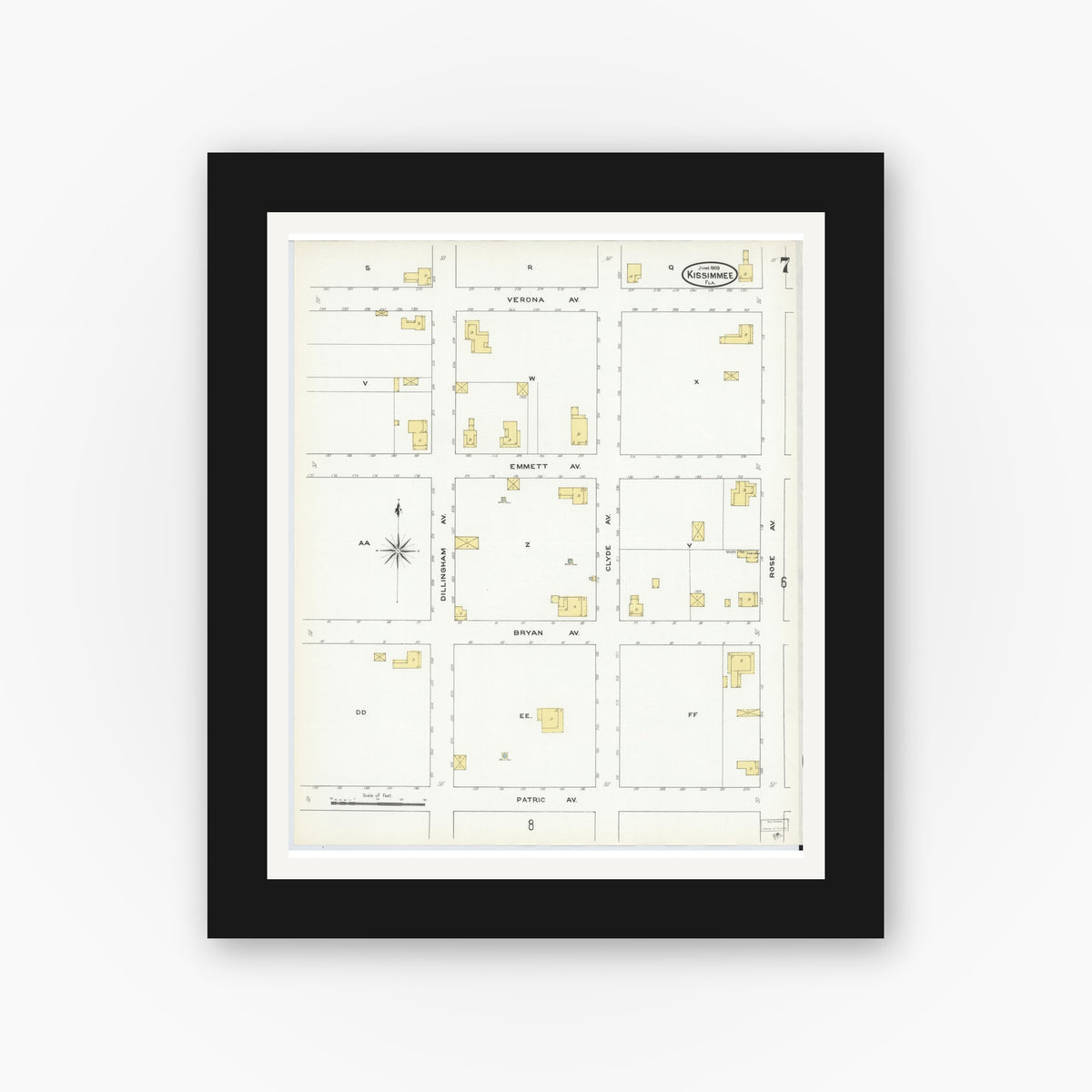 Old map wall art mockup — black gallery frame with white mat — Sanborn Fire Insurance Map from Kissimmee, Osceola County, Florida (1909), Sheet #0007