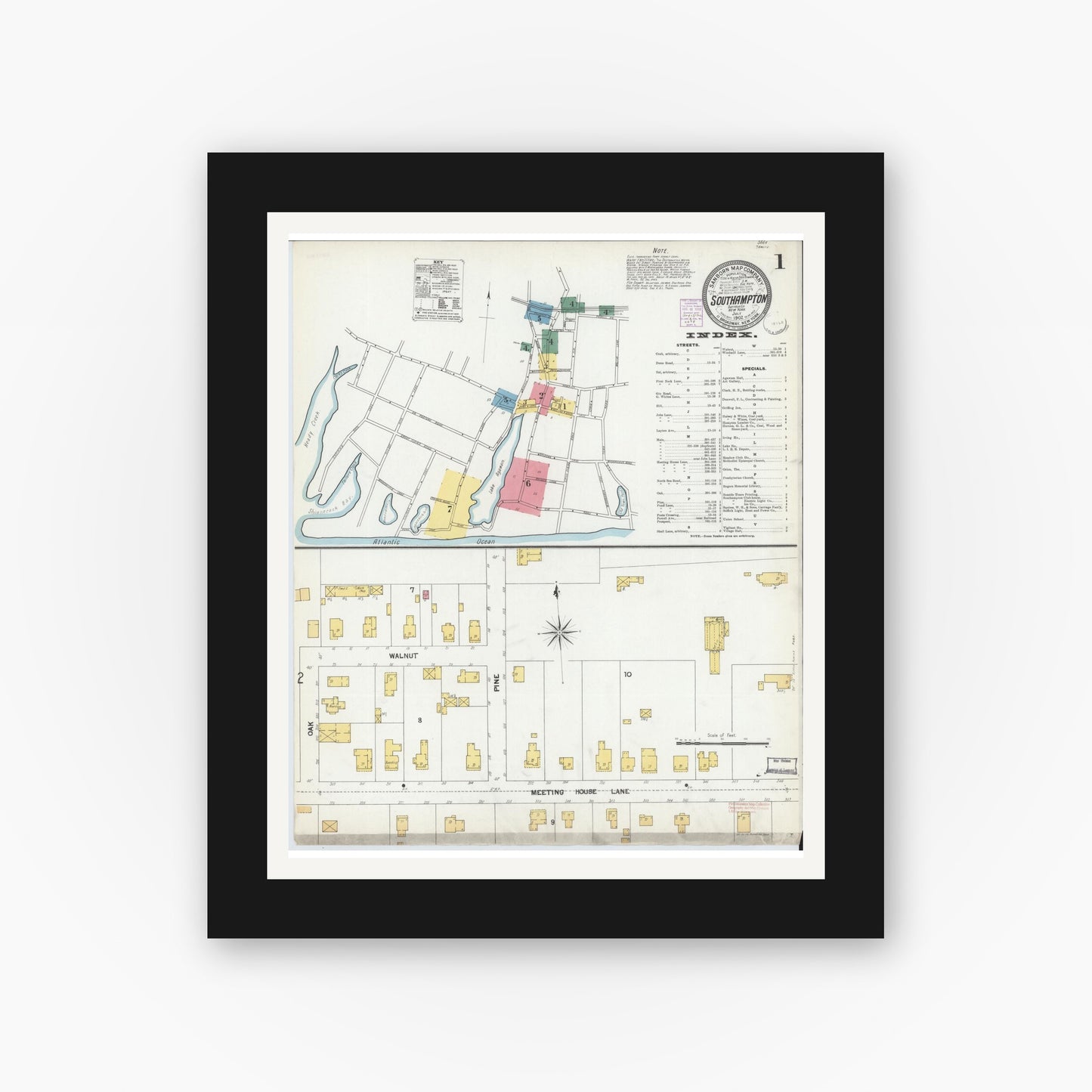 Old map wall art mockup — black gallery frame with white mat — Sanborn Fire Insurance Map from Southampton, Suffolk County, New York (1902), Sheet #0001