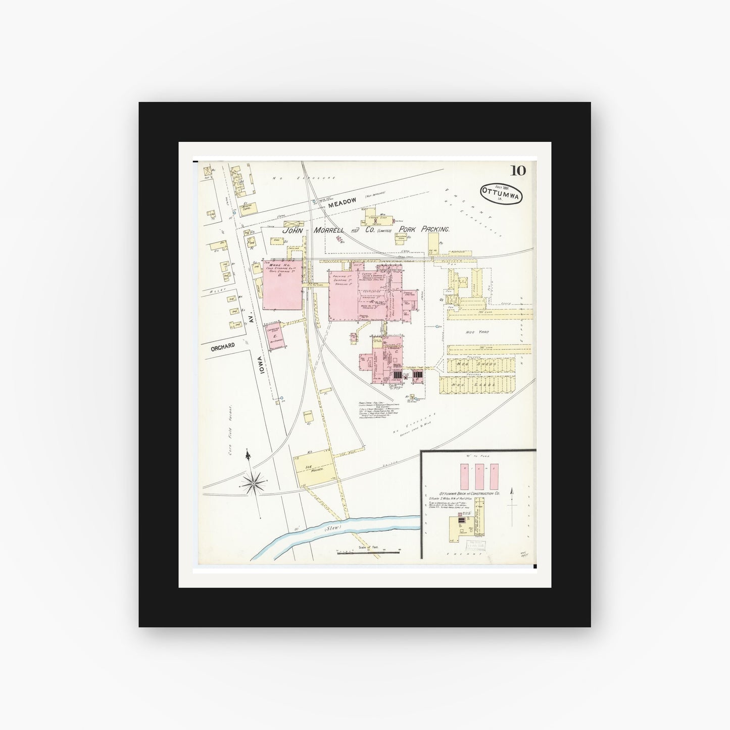 Old map wall art mockup β black gallery frame with white mat β Sanborn Fire Insurance Map from Ottumwa, Wapello County, Iowa (1891), Sheet #0010