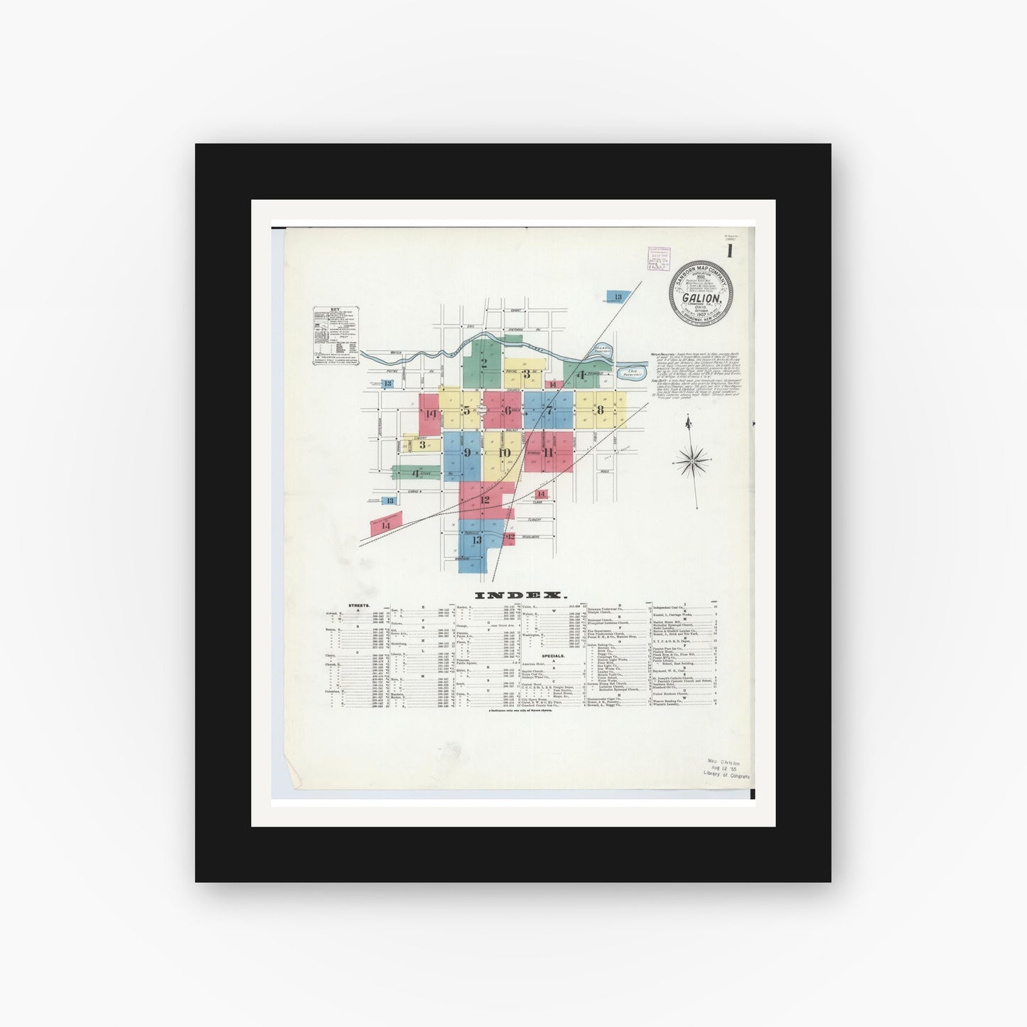 Old map wall art mockup — black gallery frame with white mat — Sanborn Fire Insurance Map from Galion, Crawford County, Ohio (1907) - Complete Map Set