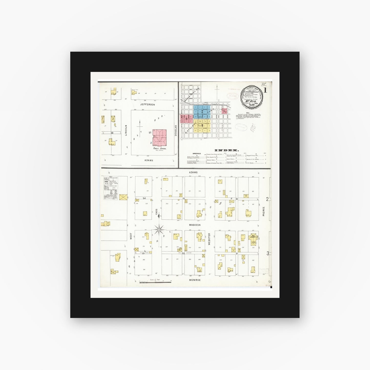 Old map wall art mockup — black gallery frame with white mat — Sanborn Fire Insurance Map from Mount Ayr, Ringgold County, Iowa (1898) — Complete Set