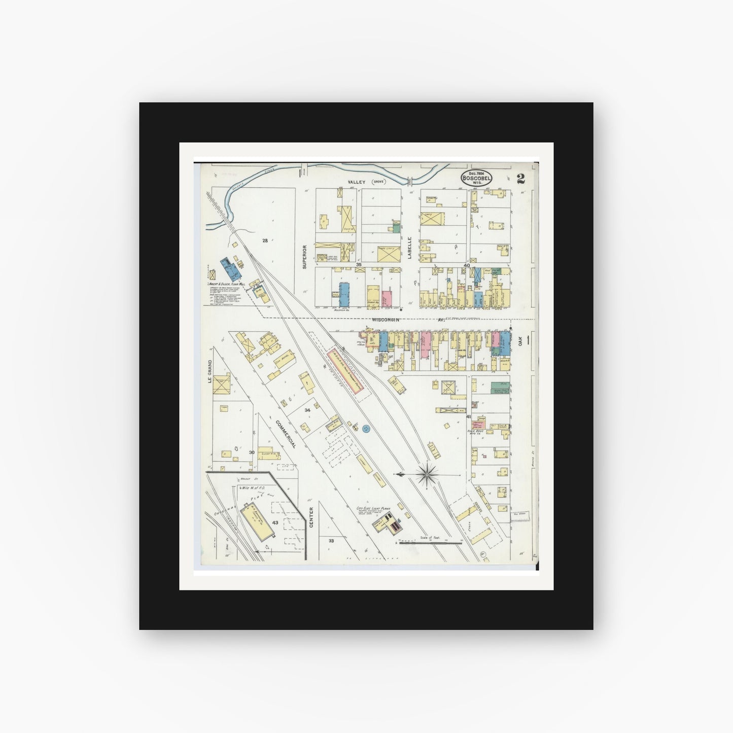 Old map wall art mockup — black gallery frame with white mat — Sanborn Fire Insurance Map from Boscobel, Grant County, Wisconsin (1904), Sheet #0002