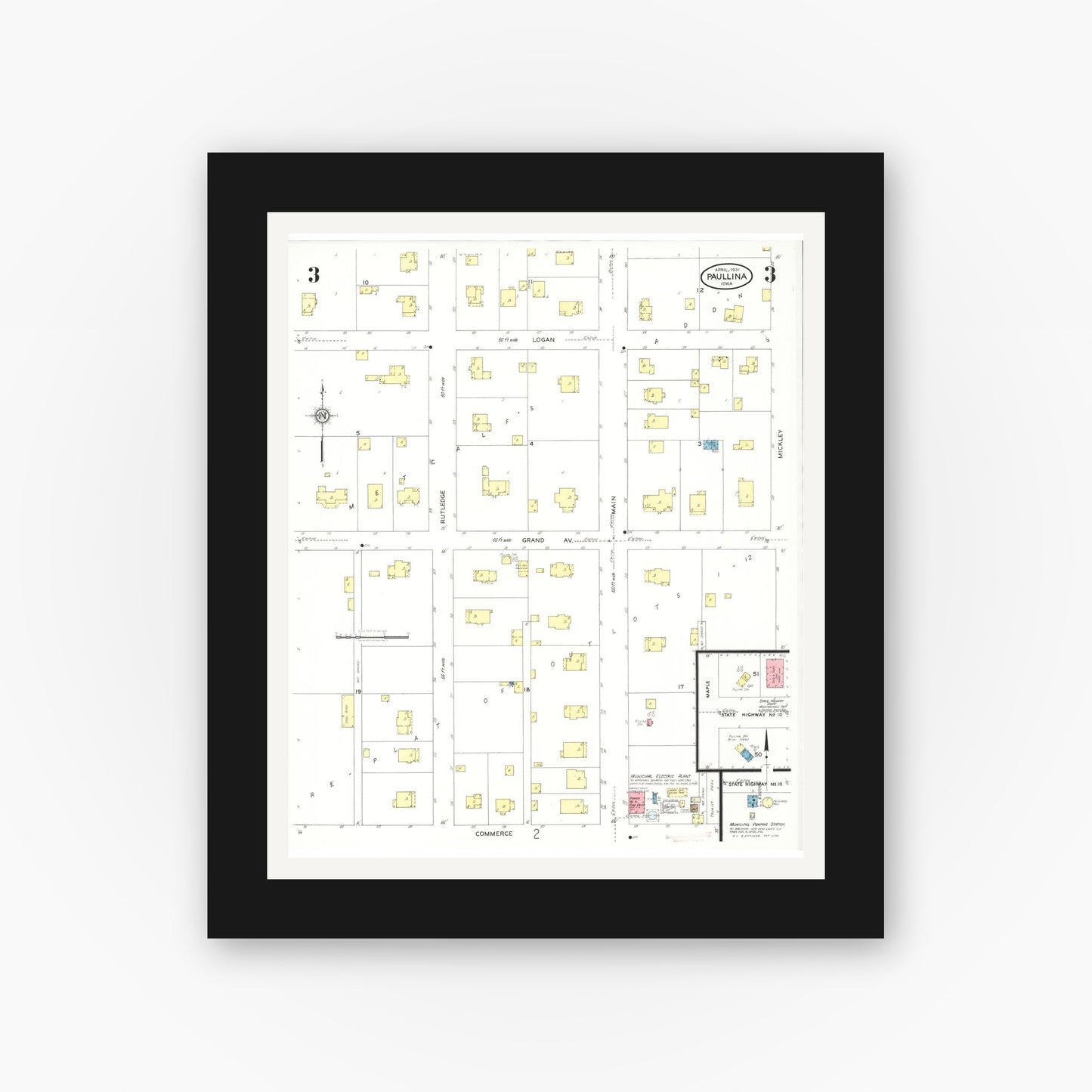 Old map wall art mockup β black gallery frame with white mat β Sanborn Fire Insurance Map from Paullina, O'Brien County, Iowa (1931), Sheet #0003