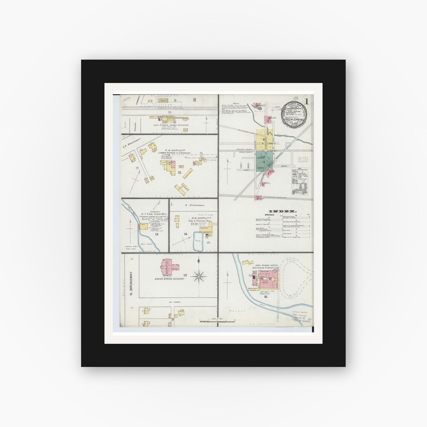 Old map wall art mockup — black gallery frame with white mat — Sanborn Fire Insurance Map from Green Springs, Sandusky And Seneca Counties, Ohio (1893) - Complete Map Set