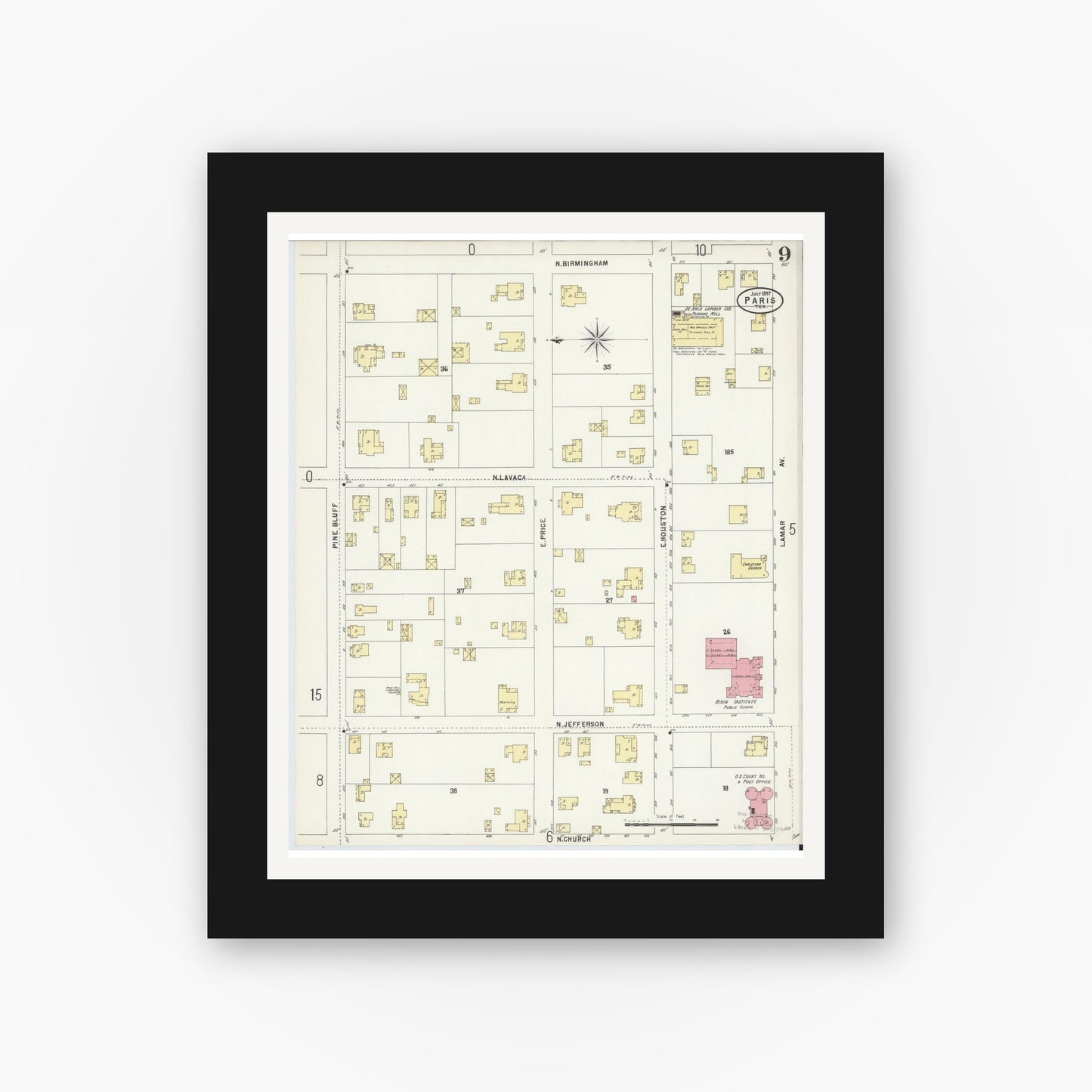 Old map wall art mockup — black gallery frame with white mat — Sanborn Fire Insurance Map from Paris, Lamar County, Texas (1897), Sheet #0009