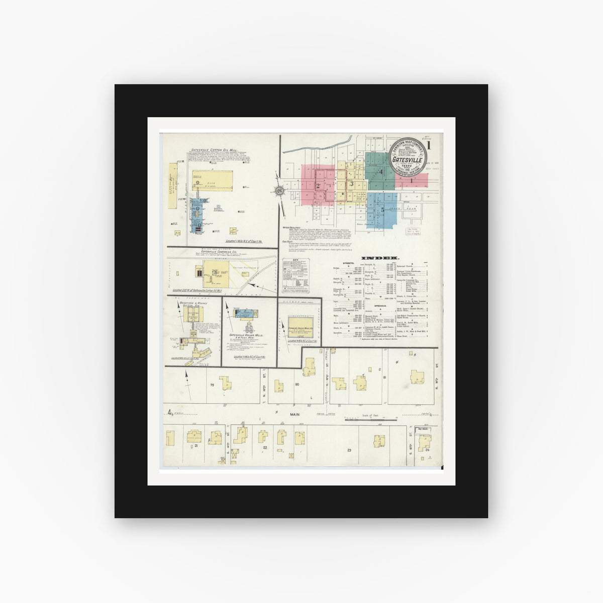Old map wall art mockup — black gallery frame with white mat — Sanborn Fire Insurance Map from Gatesville, Coryell County, Texas (1912) - Complete Map Set