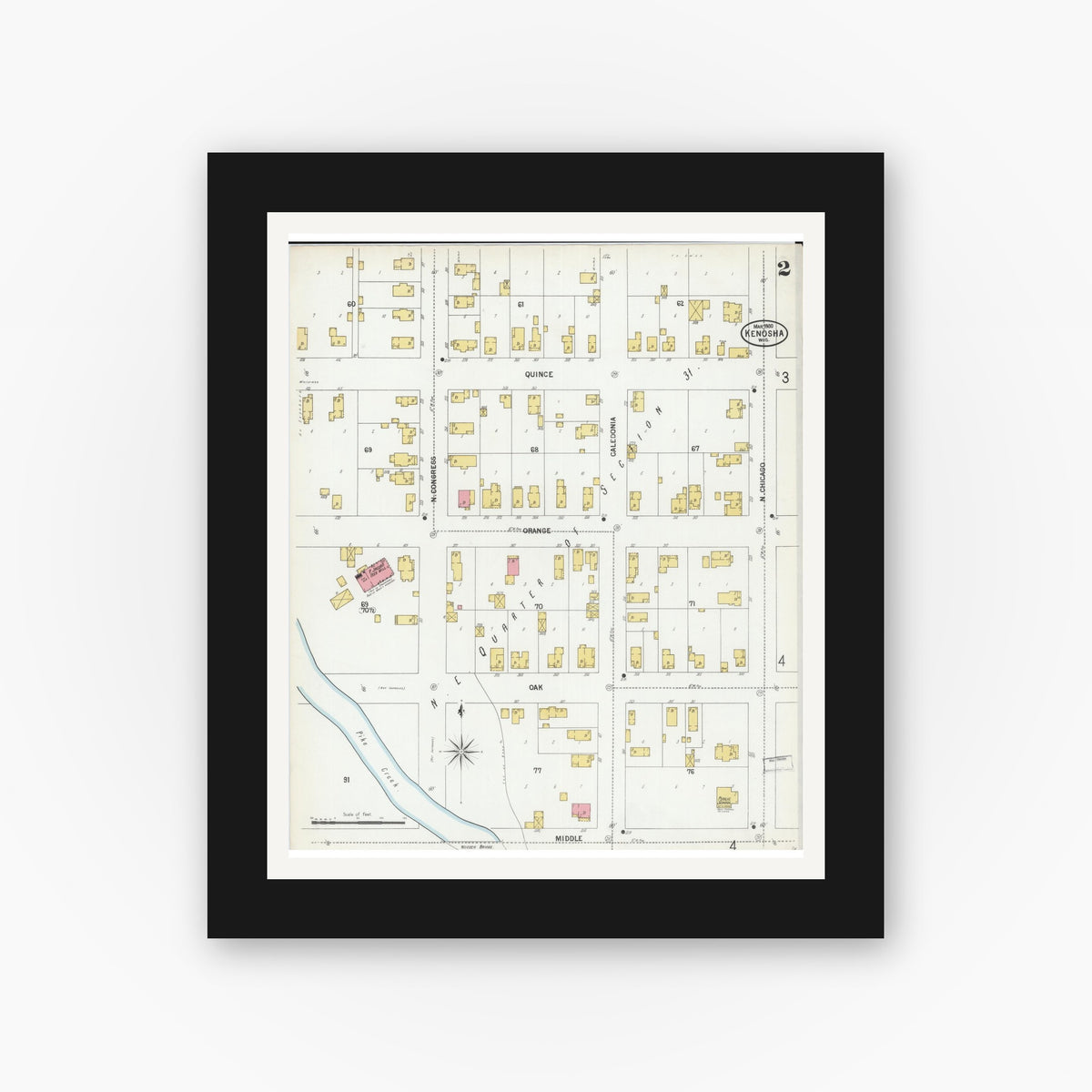 Old map wall art mockup — black gallery frame with white mat — Sanborn Fire Insurance Map from Kenosha, Kenosha County, Wisconsin (1900), Sheet #0002