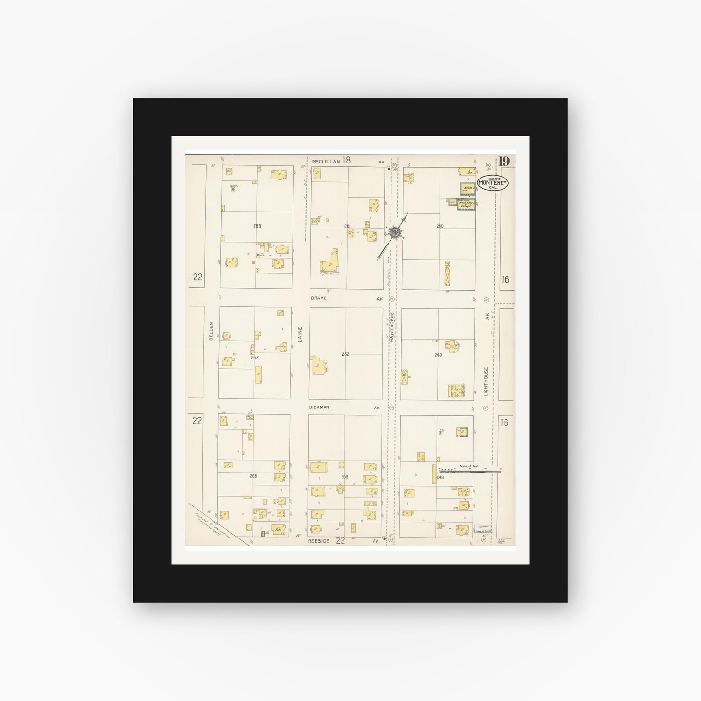 Old map wall art mockup — black gallery frame with white mat — Sanborn Fire Insurance Map from Monterey, Monterey County, California (1912), Sheet #0019