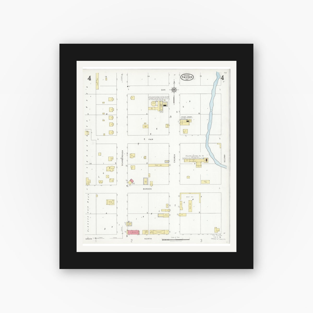 Old map wall art mockup — black gallery frame with white mat — Sanborn Fire Insurance Map from Snyder, Scurry County, Texas (1927), Sheet #0004