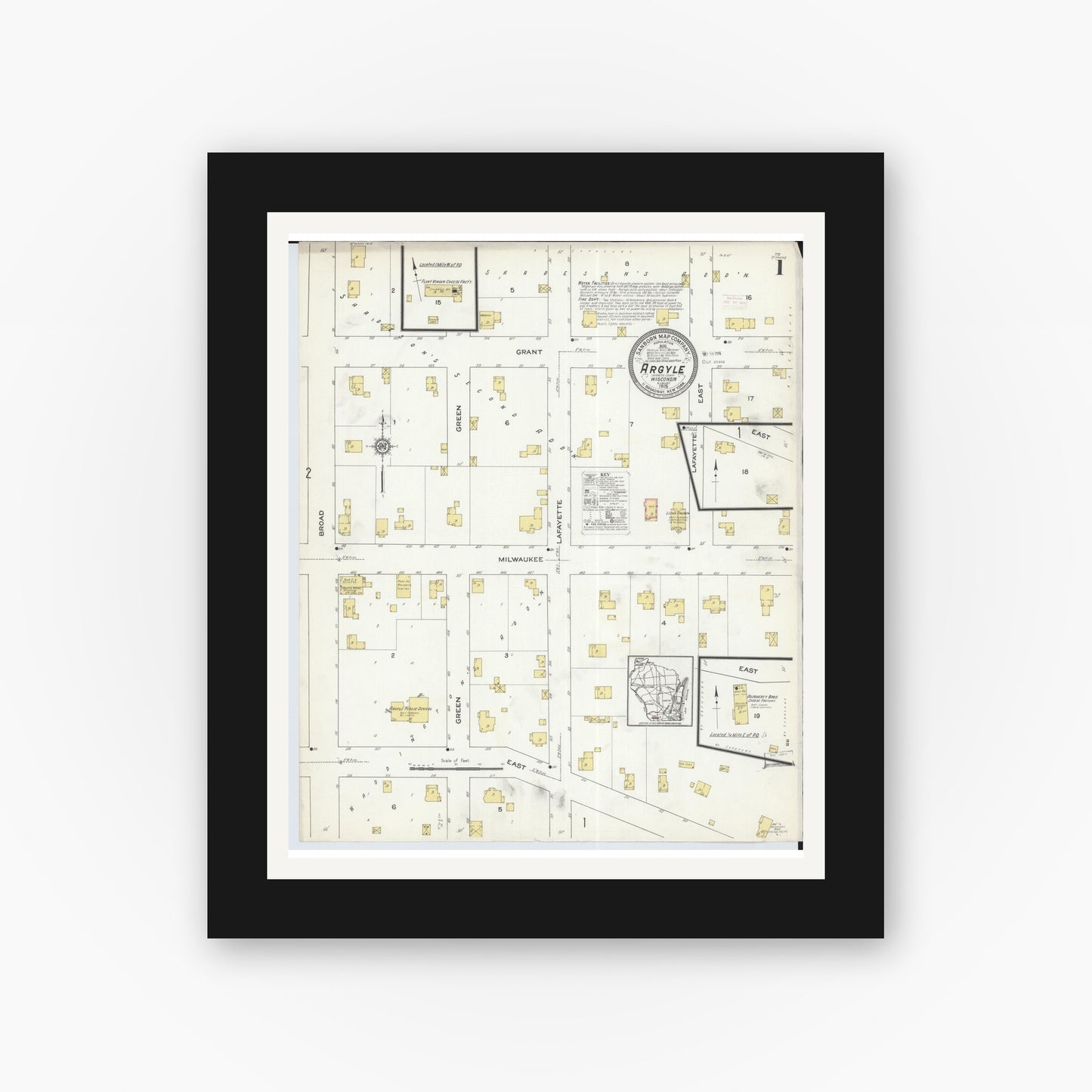 Old map wall art mockup — black gallery frame with white mat — Sanborn Fire Insurance Map from Argyle, Lafayette County, Wisconsin (1915), Sheet #0001
