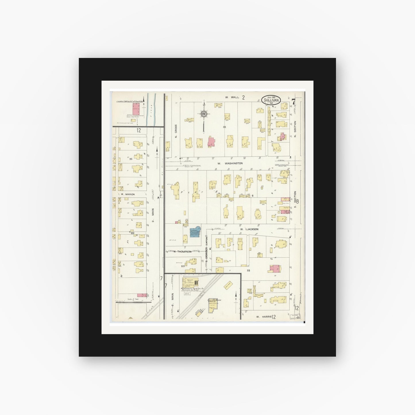 Old map wall art mockup — black gallery frame with white mat — Sanborn Fire Insurance Map from Sullivan, Sullivan County, Indiana (1913), Sheet #0007