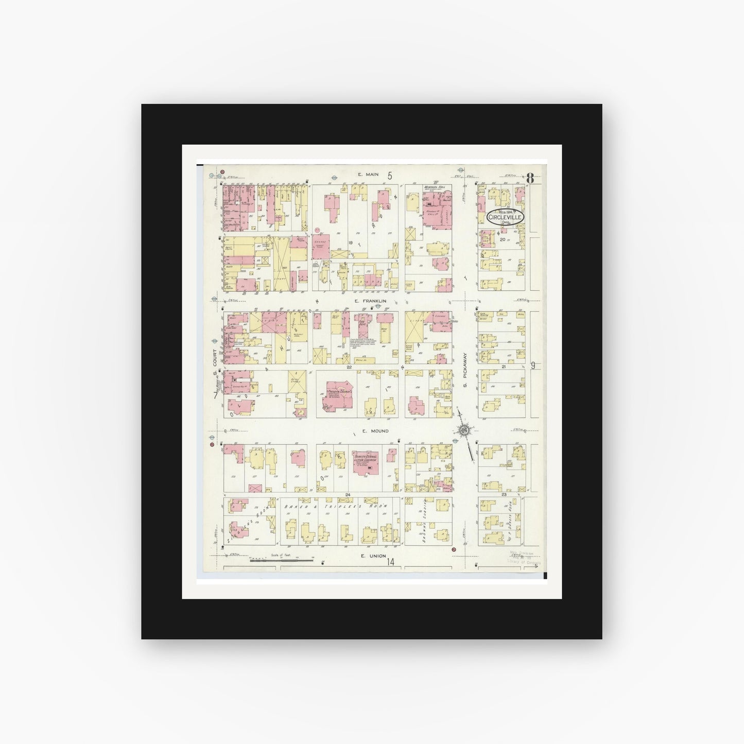 Old map wall art mockup — black gallery frame with white mat — Sanborn Fire Insurance Map from Circleville, Pickaway County, Ohio (1914), Sheet #0008