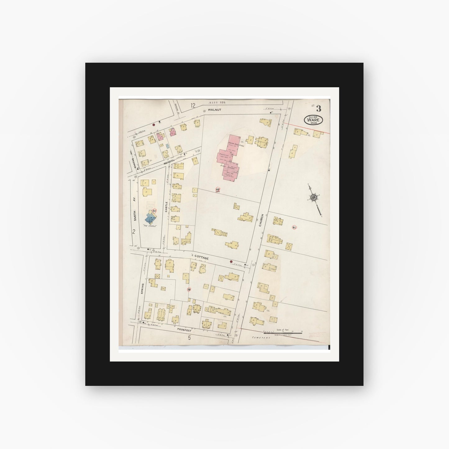 Old map wall art mockup — black gallery frame with white mat — Sanborn Fire Insurance Map from Ware, Hampshire County, Massachusetts (1946), Sheet #0003