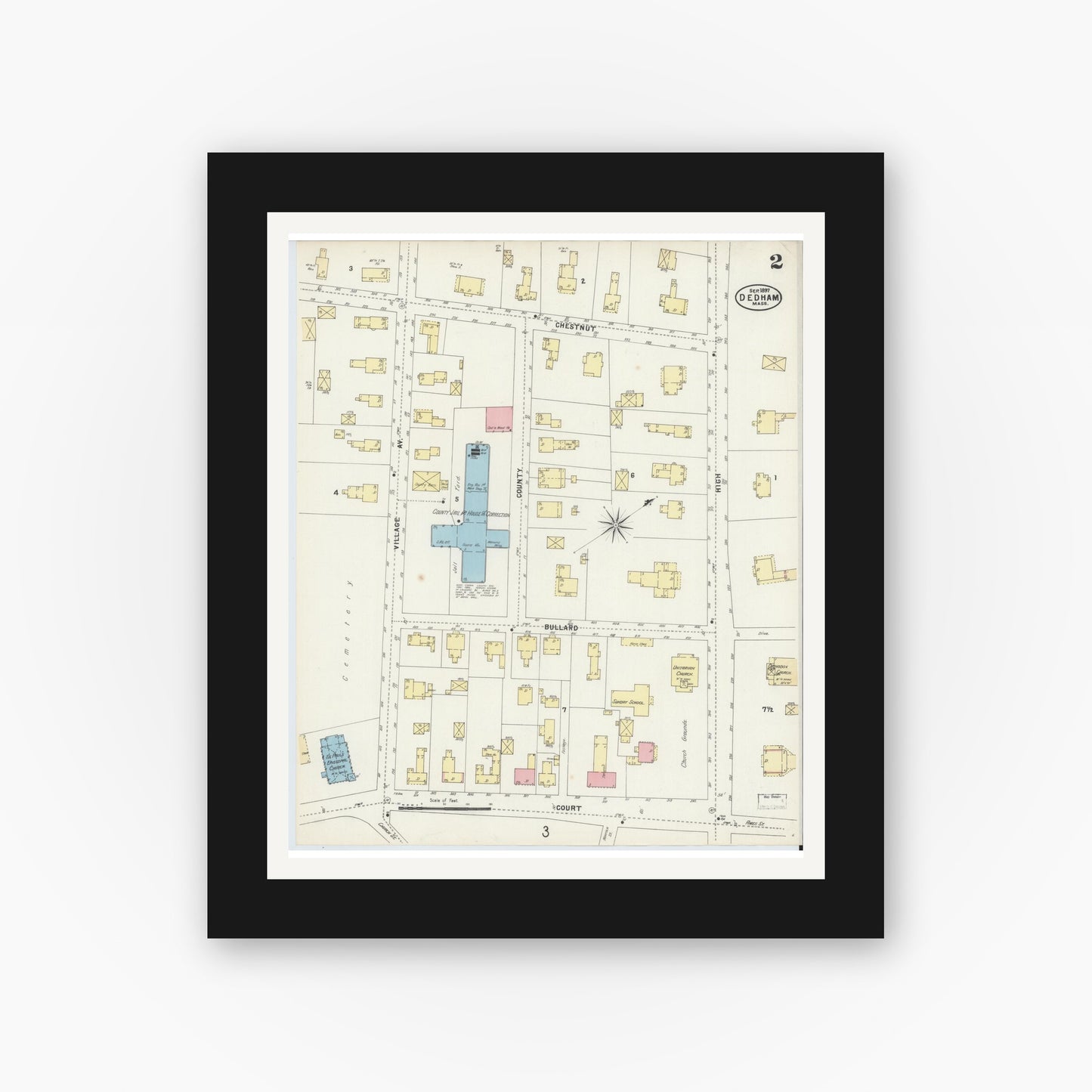 Old map wall art mockup — black gallery frame with white mat — Sanborn Fire Insurance Map from Dedham, Norfolk County, Massachusetts (1897), Sheet #0002