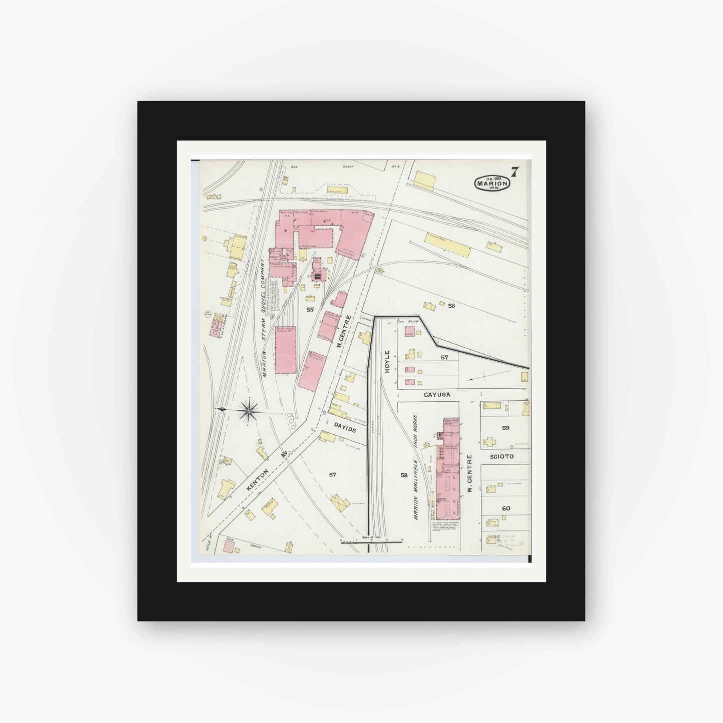 Old map wall art mockup — black gallery frame with white mat — Sanborn Fire Insurance Map from Marion, Marion County, Ohio (1892), Sheet #0007