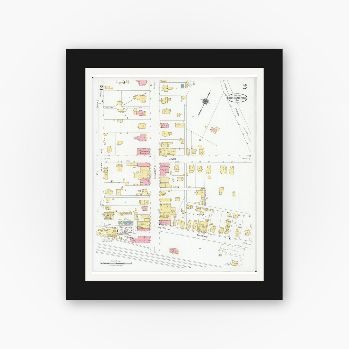 Old map wall art mockup — black gallery frame with white mat — Sanborn Fire Insurance Map from South Charleston, Clark County, Ohio (1927), Sheet #0002