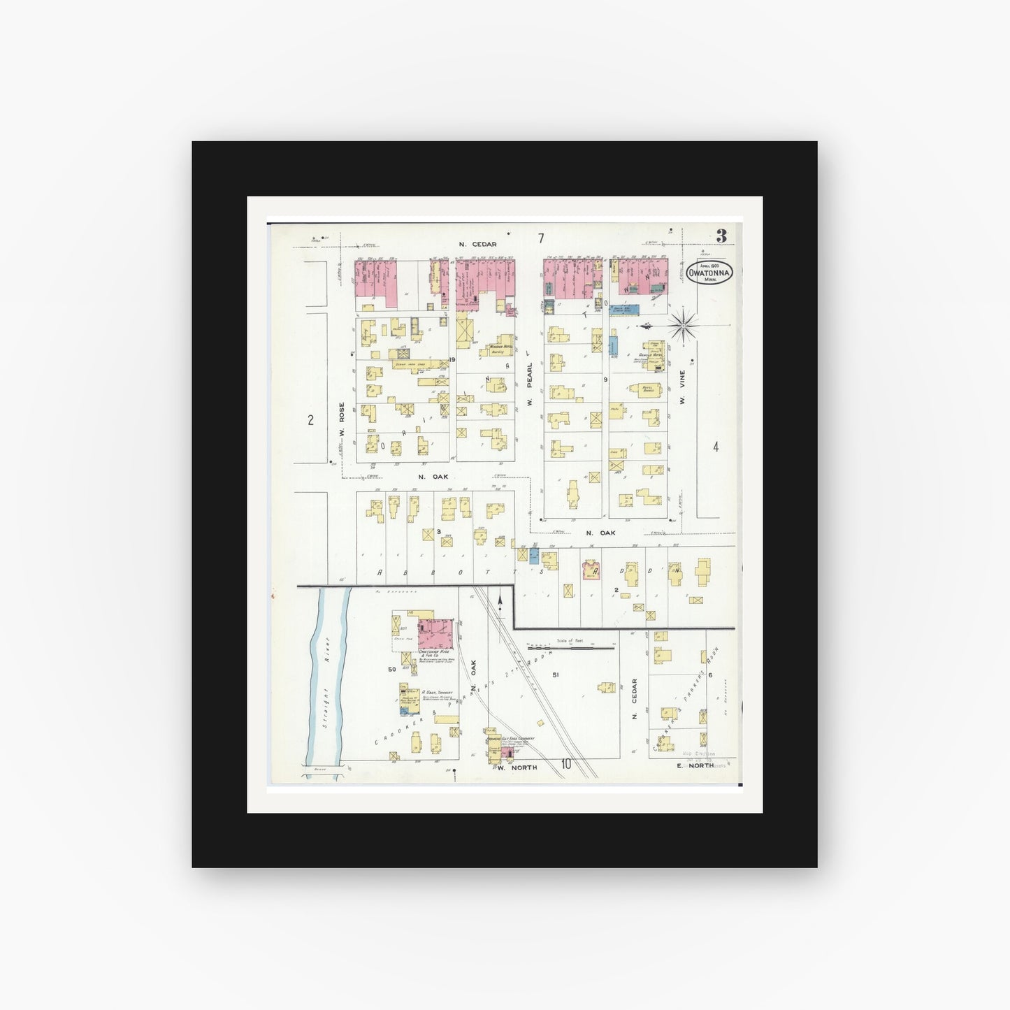 Old map wall art mockup — black gallery frame with white mat — Sanborn Fire Insurance Map from Owatonna, Steele County, Minnesota (1909), Sheet #0003