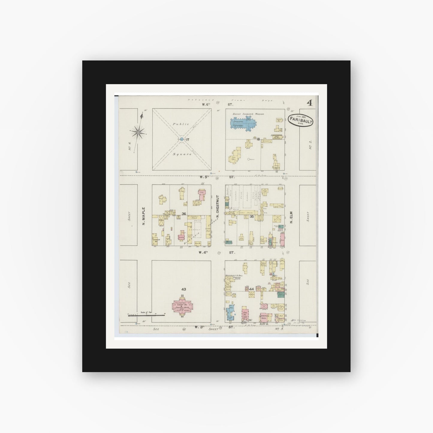 Old map wall art mockup — black gallery frame with white mat — Sanborn Fire Insurance Map from Faribault, Rice County, Minnesota (1889), Sheet #0004
