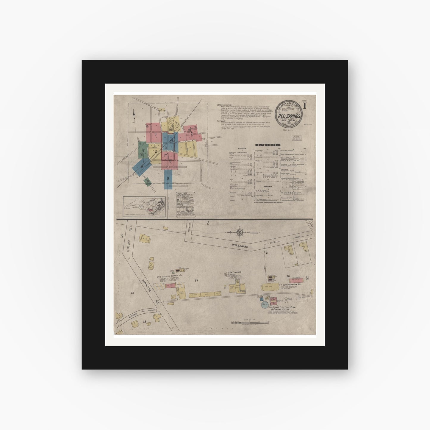 Old map wall art mockup β black gallery frame with white mat β Sanborn Fire Insurance Map from Red Springs, Robeson County, North Carolina (1922) - Complete Map Set