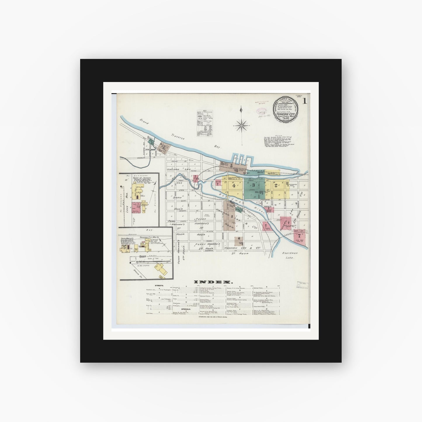 Old map wall art mockup — black gallery frame with white mat — Sanborn Fire Insurance Map from Traverse City, Grand Traverse County, Michigan (1893), Sheet #0001