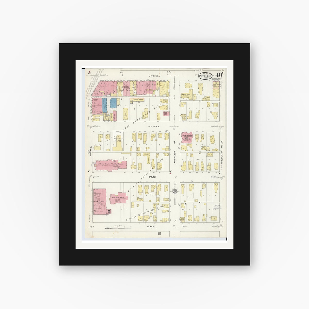 Old map wall art mockup — black gallery frame with white mat — Sanborn Fire Insurance Map from Petoskey, Emmet County, Michigan (1913), Sheet #0010