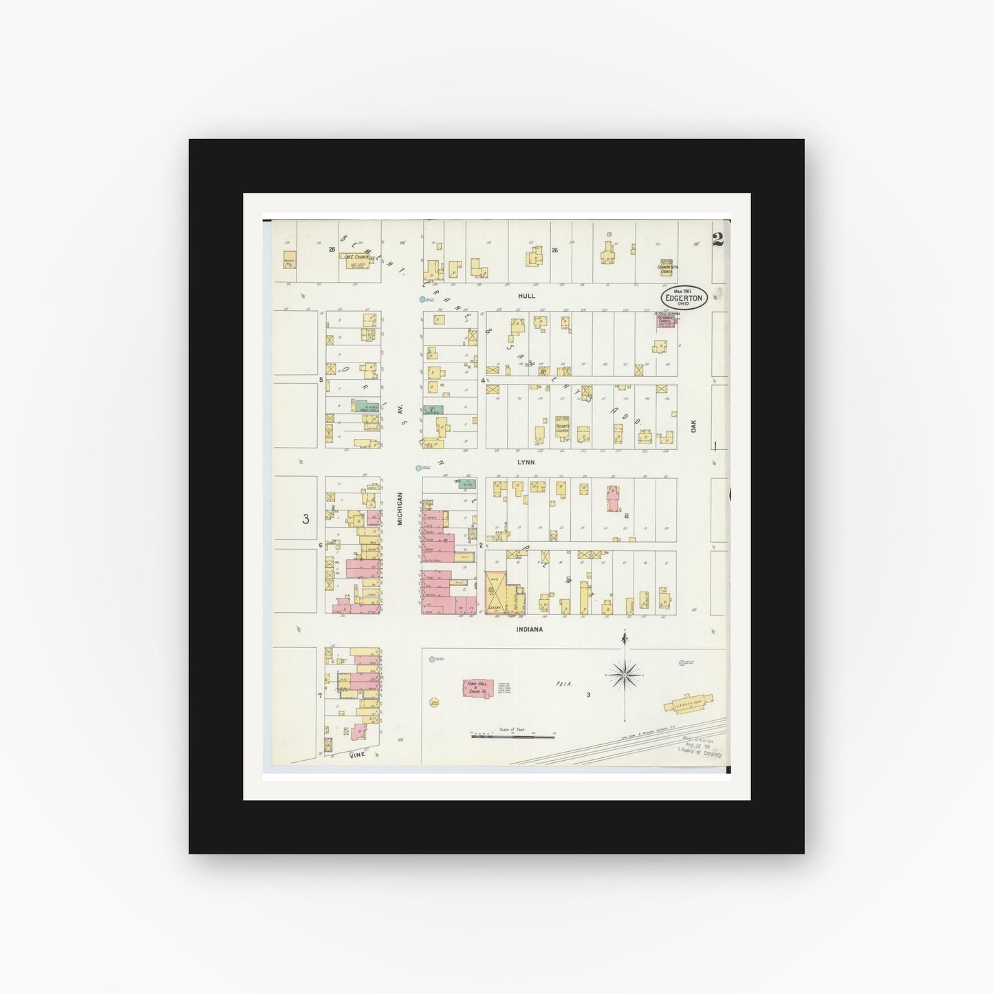 Old map wall art mockup — black gallery frame with white mat — Sanborn Fire Insurance Map from Edgerton, Williams County, Ohio (1901), Sheet #0002