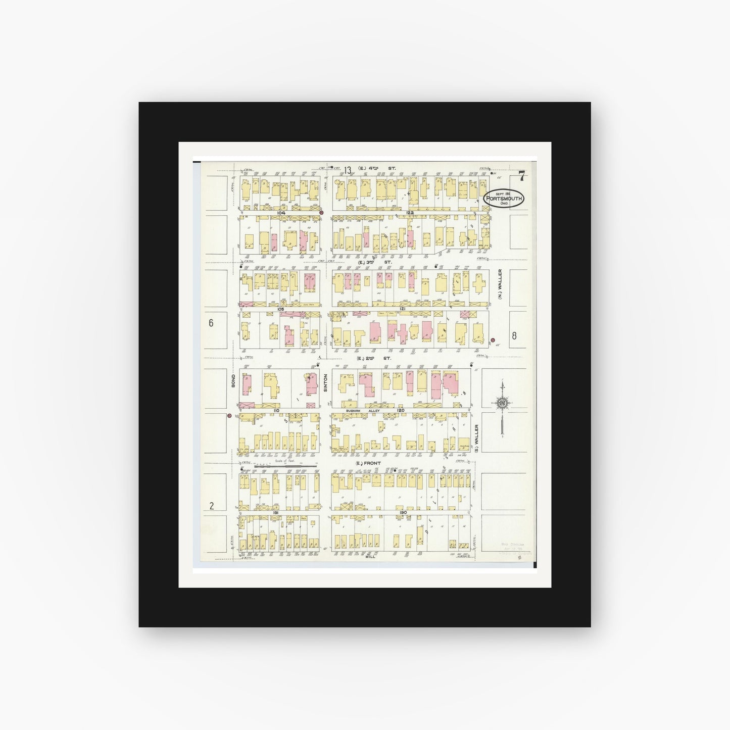 Old map wall art mockup — black gallery frame with white mat — Sanborn Fire Insurance Map from Portsmouth, Scioto County, Ohio (1911), Sheet #0007