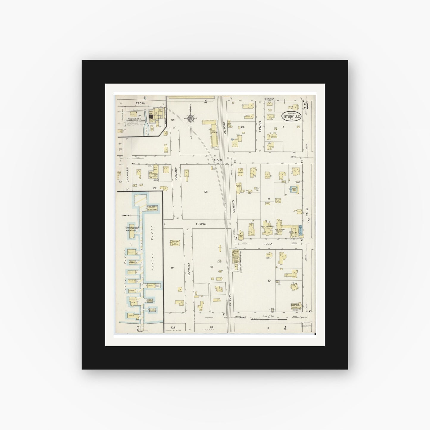 Old map wall art mockup — black gallery frame with white mat — Sanborn Fire Insurance Map from Titusville, Brevard County, Florida (1915), Sheet #0003