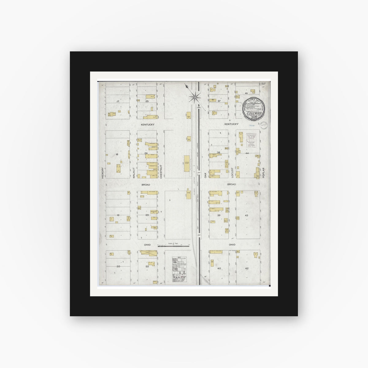 Old map wall art mockup — black gallery frame with white mat — Sanborn Fire Insurance Map from Edgewood, Effingham County, Illinois (1900), Sheet #0001