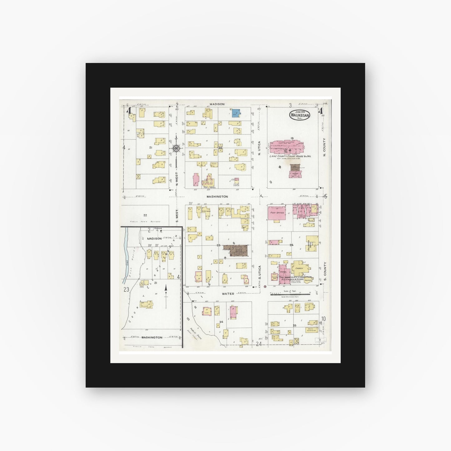 Old map wall art mockup — black gallery frame with white mat — Sanborn Fire Insurance Map from Waukegan, Lake County, Illinois (1924), Sheet #0004