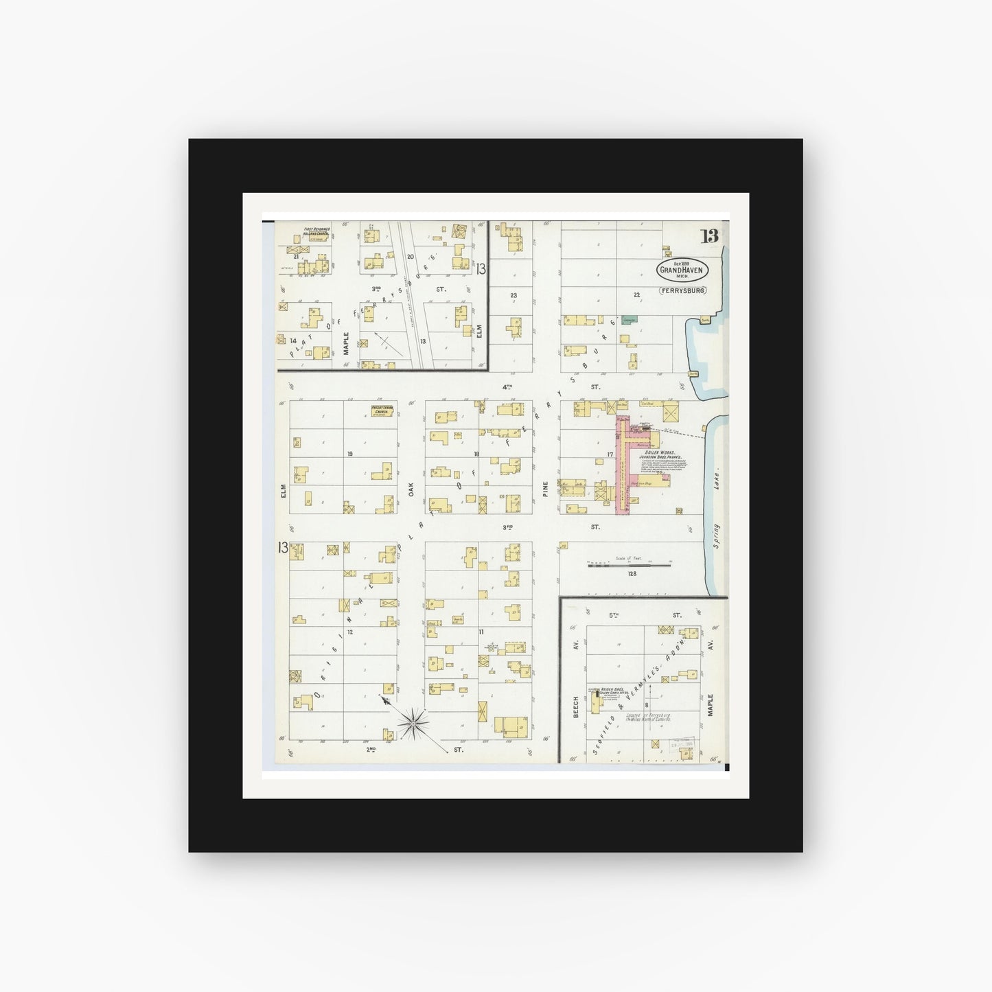 Old map wall art mockup — black gallery frame with white mat — Sanborn Fire Insurance Map from Grand Haven, Ottawa County, Michigan (1899), Sheet #0013