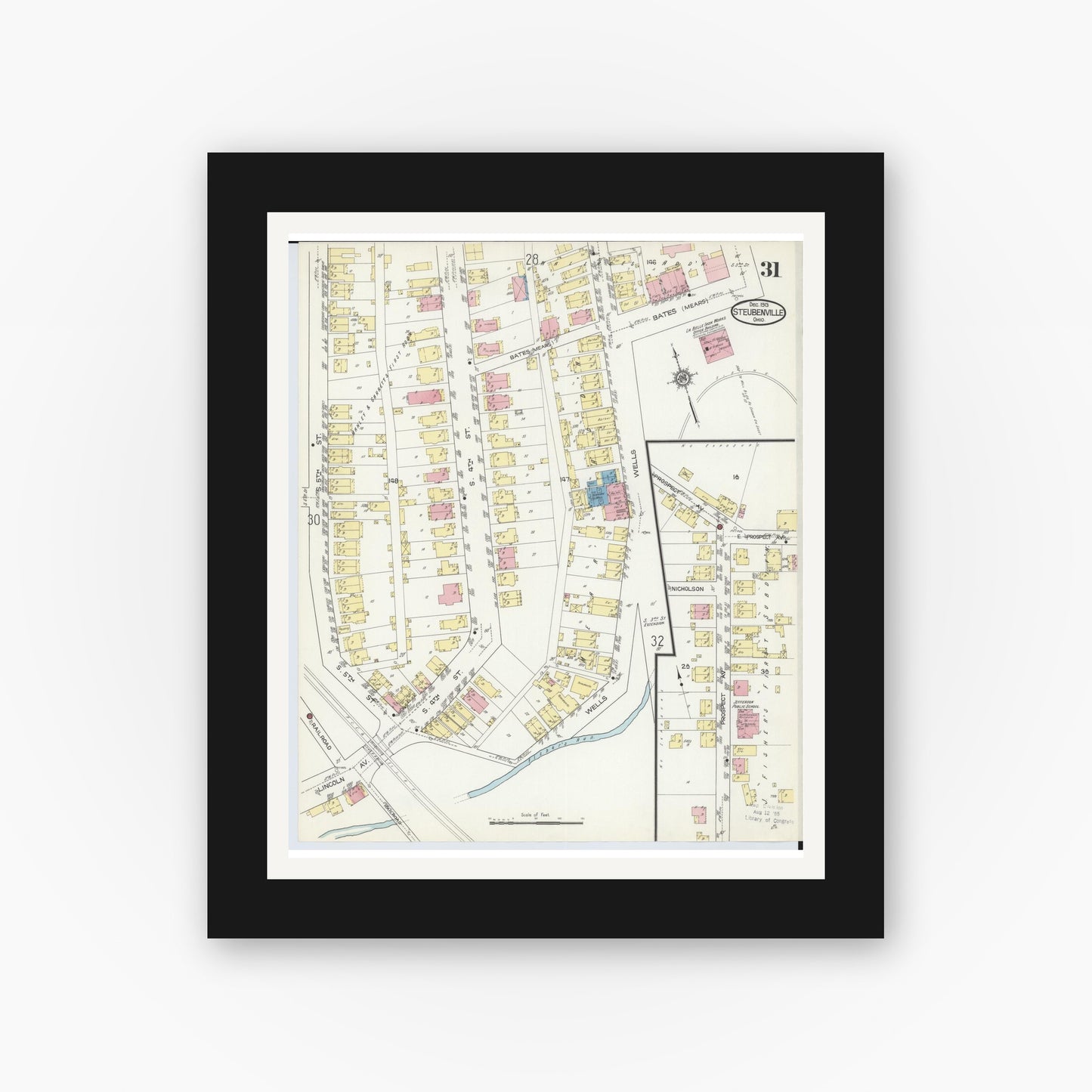 Old map wall art mockup — black gallery frame with white mat — Sanborn Fire Insurance Map from Steubenville, Jefferson County, Ohio (1913), Sheet #0031