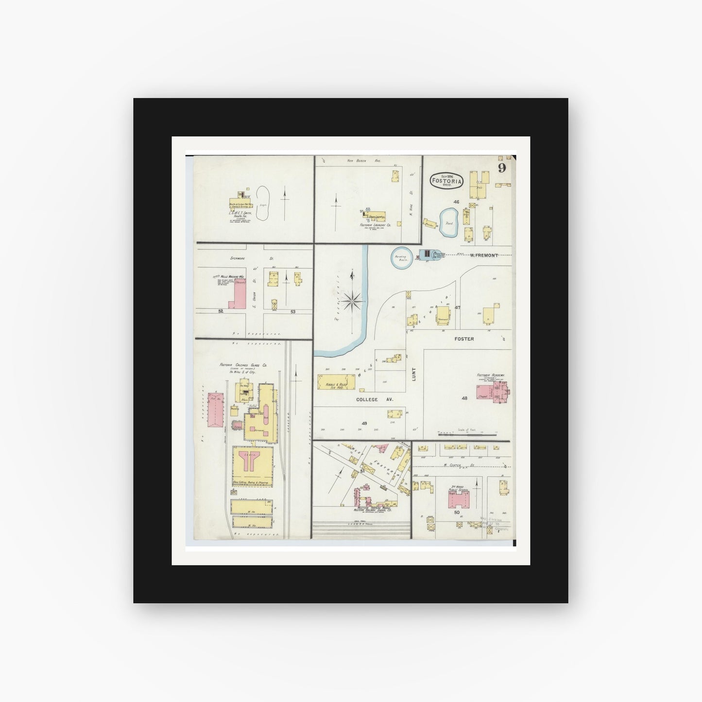 Old map wall art mockup — black gallery frame with white mat — Sanborn Fire Insurance Map from Fostoria, Seneca, Hancock, And Wood Counties, Ohio (1896), Sheet #0009