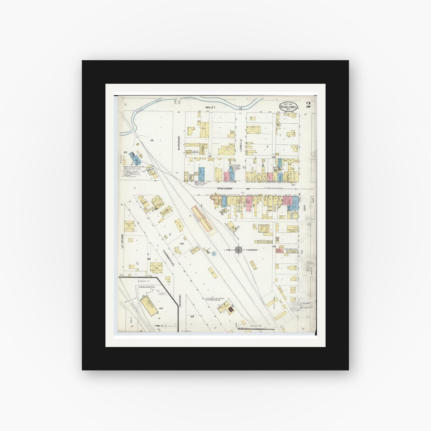 Old map wall art mockup — black gallery frame with white mat — Sanborn Fire Insurance Map from Boscobel, Grant County, Wisconsin (1912), Sheet #0002