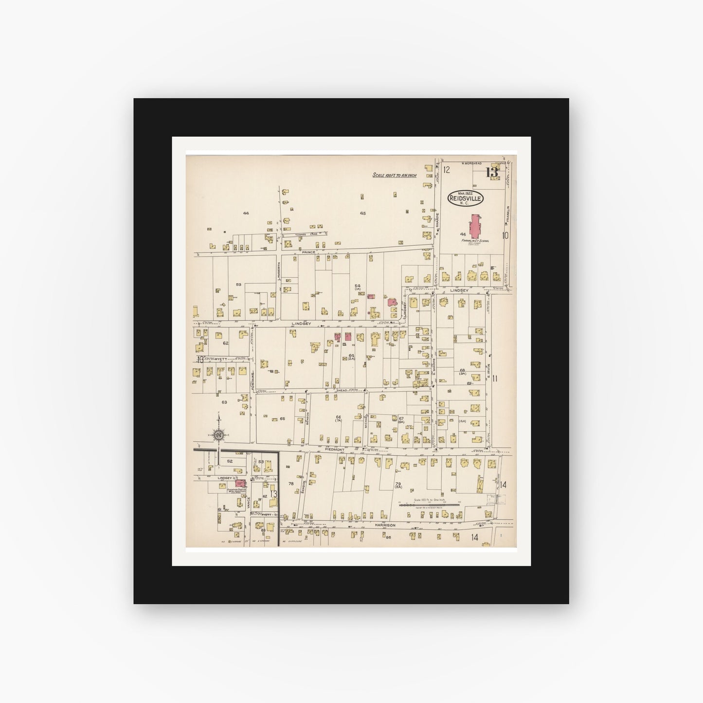Old map wall art mockup — black gallery frame with white mat — Sanborn Fire Insurance Map from Reidsville, Rockingham County, North Carolina (1922), Sheet #0013