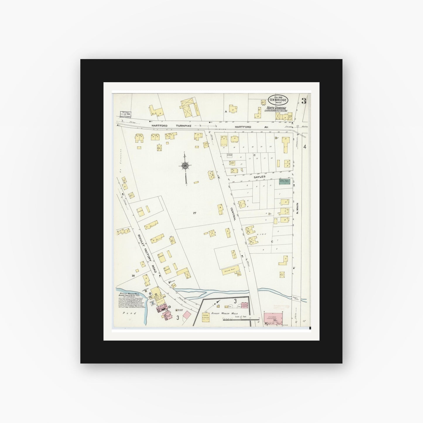 Old map wall art mockup — black gallery frame with white mat — Sanborn Fire Insurance Map from Uxbridge, Worcester County, Massachusetts (1909), Sheet #0003