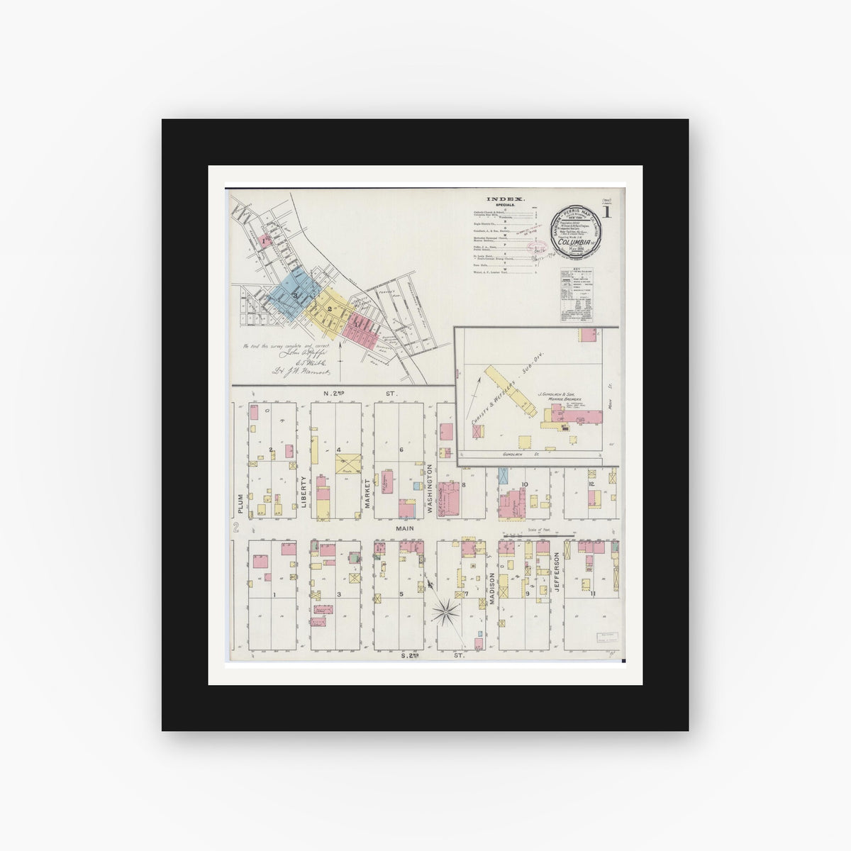 Old map wall art mockup — black gallery frame with white mat — Sanborn Fire Insurance Map from Columbia, Monroe County, Illinois (1894) - Complete Map Set